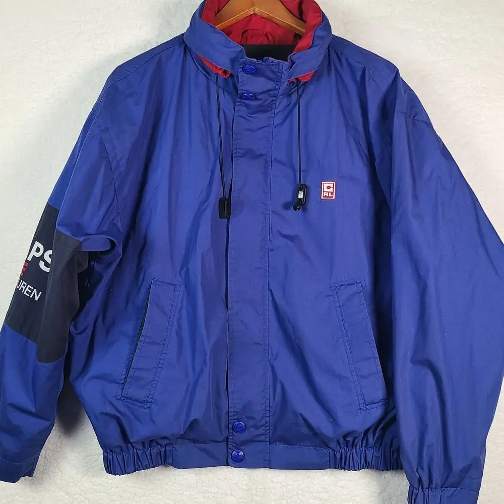 Chaps Ralph Lauren Lined Jacket Fold Away Hood Classic Blue 90's Large